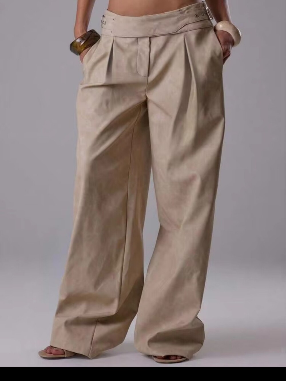 High-Waist Wide-Leg Trousers with Attached Adjusting Belt - Beige